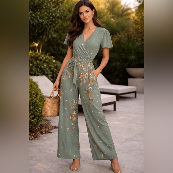 miami Pants - mi ami Sage Green Floral Wrap Front Wide Leg Jumpsuit Size M
